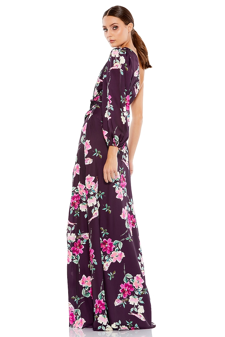 Plum Charmeuse Floral Printed Engagement Gown by Mac Duggal at Pernia's Pop Up Shop