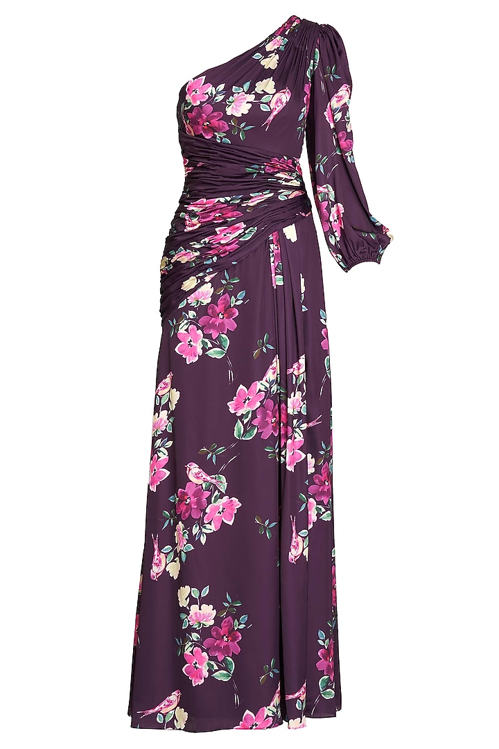 Plum Charmeuse Floral Printed Engagement Gown by Mac Duggal at Pernia's Pop Up Shop