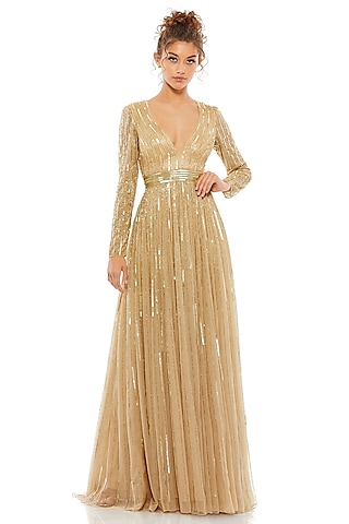 Taupe Tulle Sequins Embroidered Gown by Mac Duggal