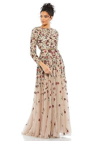 Antique Rose Tulle Floral Applique Embellished Gown by Mac Duggal