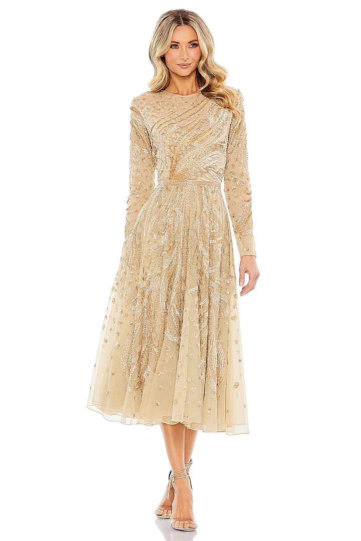 Beige Mesh Embellished Midi Dress by Mac Duggal at Pernia's Pop Up Shop