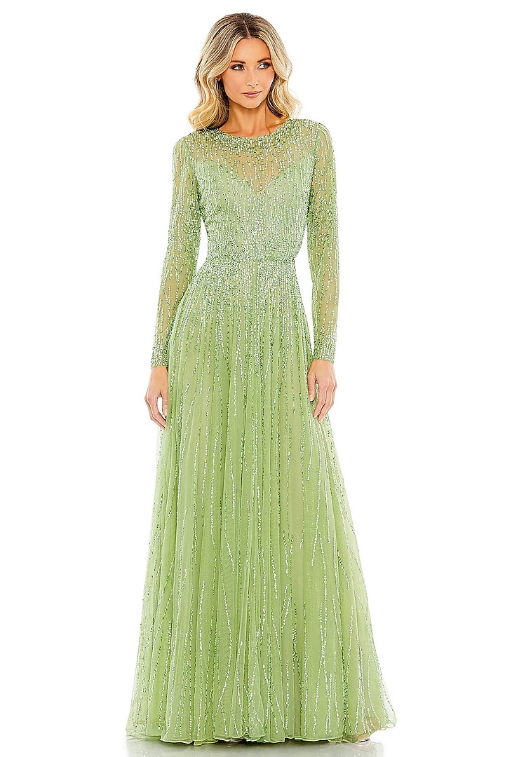 Sage Green Mesh Sequins Embellished Gown by Mac Duggal at Pernia's Pop Up Shop