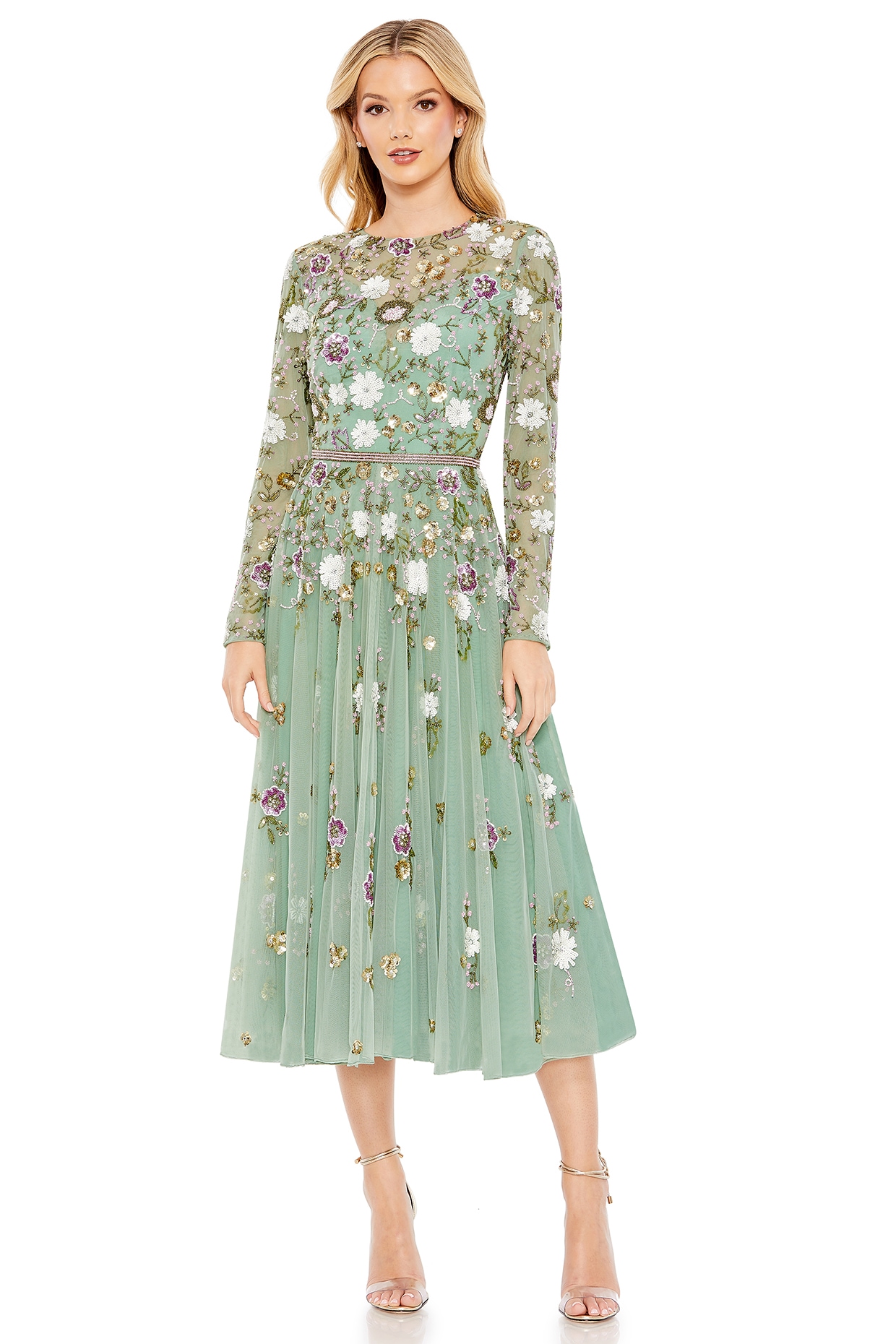 Sage Mesh Sequins Floral Embellished Midi Dress by Mac Duggal at Pernia s Pop Up Shop 2024