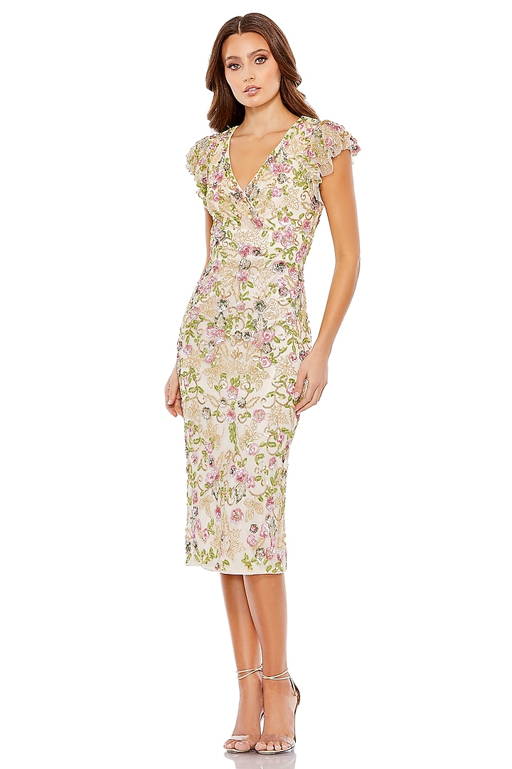 Cream Mesh Floral Embellished Mesh Dress by Mac Duggal at Pernia's Pop Up Shop