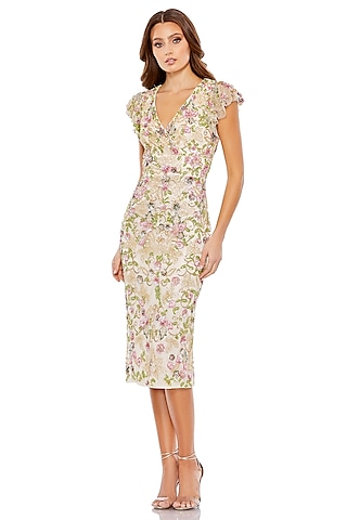 Cream Mesh Floral Embellished Mesh Dress by Mac Duggal