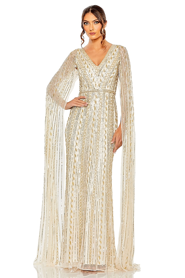 Nude Silver Sequins Embroidered Gown by Mac Duggal at Pernia's Pop Up Shop