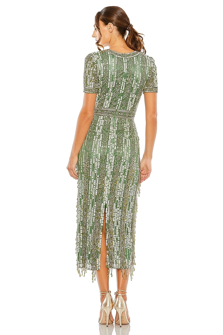 Sage Mesh Sequins Embroidered Midi Party Wear Dress by Mac Duggal at Pernia's Pop Up Shop