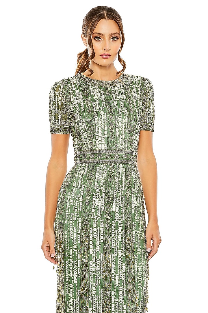 Sage Mesh Sequins Embroidered Midi Party Wear Dress by Mac Duggal at Pernia's Pop Up Shop