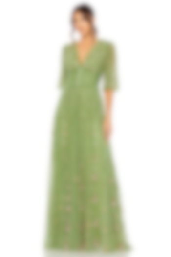Moss Green Mesh Floral Embroidered Wedding Gown by Mac Duggal at Pernia's Pop Up Shop