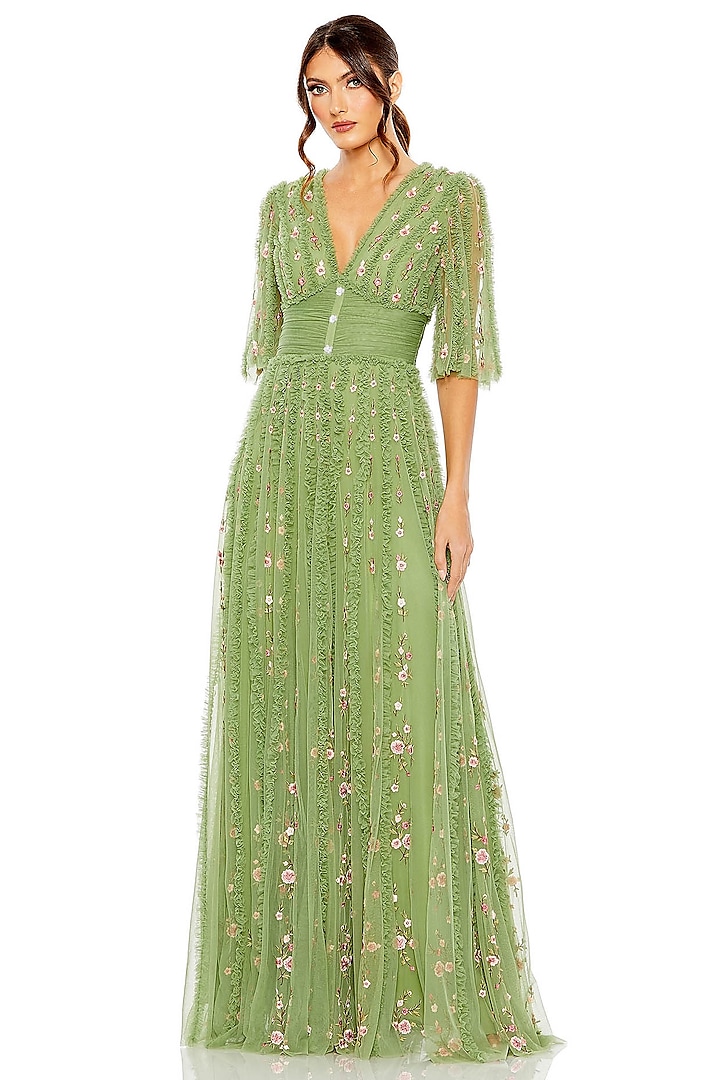 Moss Green Mesh Floral Embroidered Wedding Gown by Mac Duggal at Pernia's Pop Up Shop