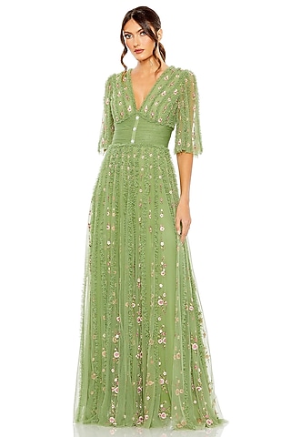 Moss Green Mesh Floral Embroidered Gown by Mac Duggal