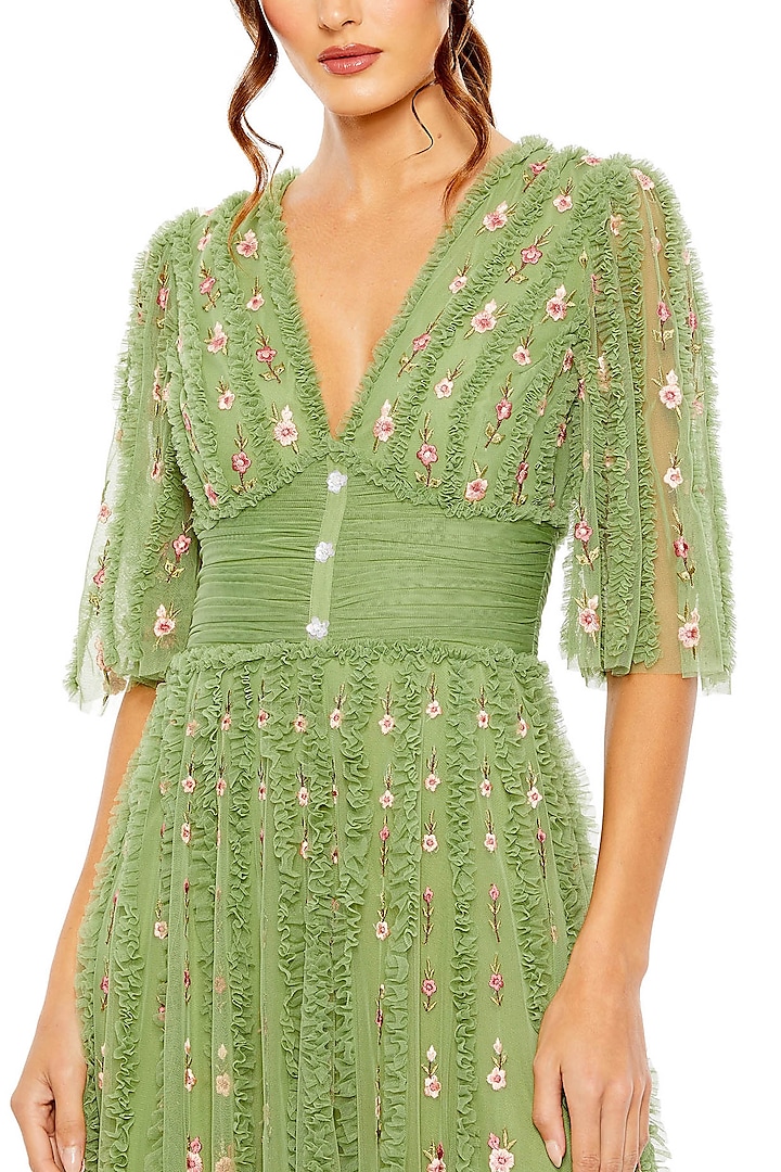 Moss Green Mesh Floral Embroidered Gown by Mac Duggal at Pernia's Pop Up  Shop 2026