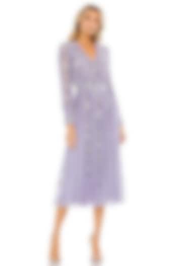 Lilac Mesh Embroidered Midi Wrap Party Wear Dress by Mac Duggal at Pernia's Pop Up Shop
