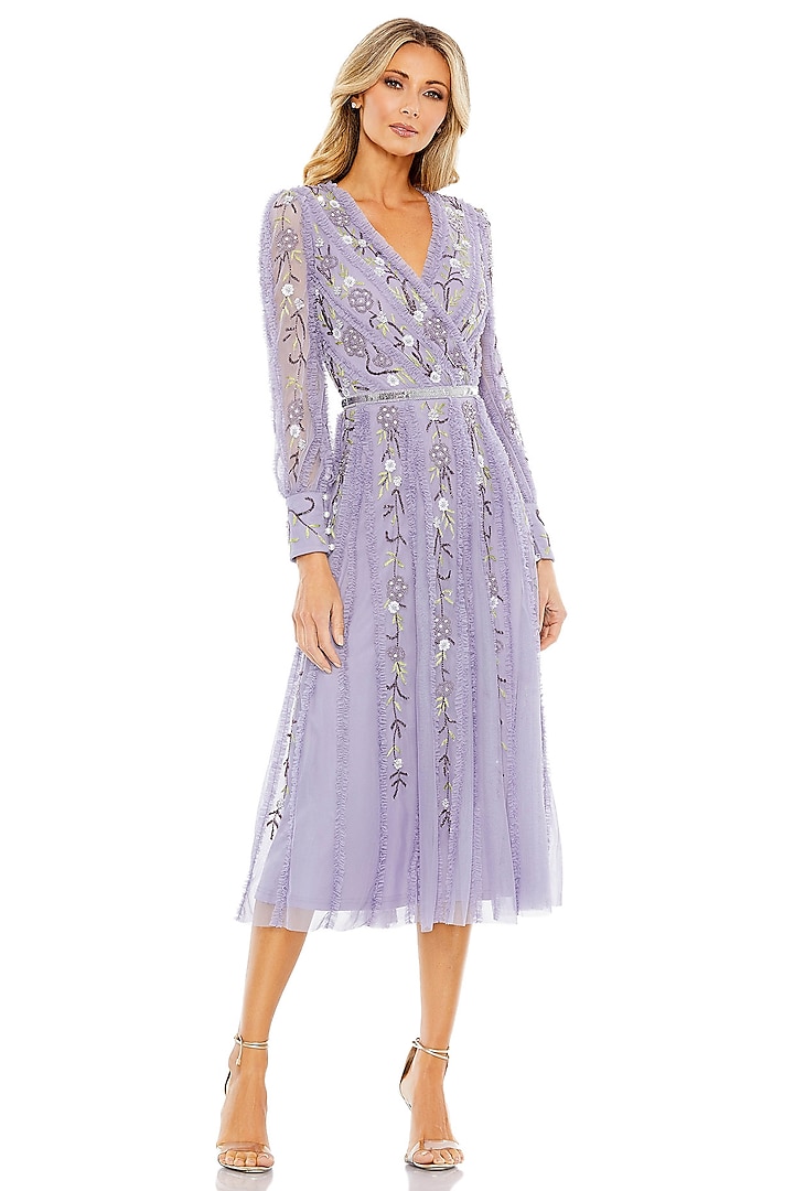 Lilac Mesh Embroidered Midi Wrap Party Wear Dress by Mac Duggal at Pernia's Pop Up Shop