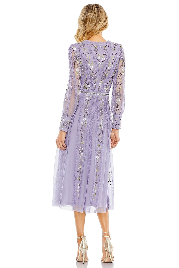 Lilac Mesh Embroidered Midi Wrap Party Wear Dress by Mac Duggal at Pernia's Pop Up Shop