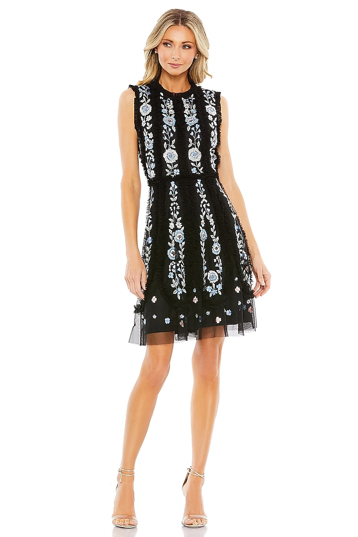 Black Tulle Embroidered Sleeveless Mini Dress by Mac Duggal at Pernia's Pop Up Shop