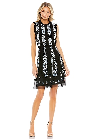 Black Tulle Embroidered Sleeveless Mini Dress by Mac Duggal