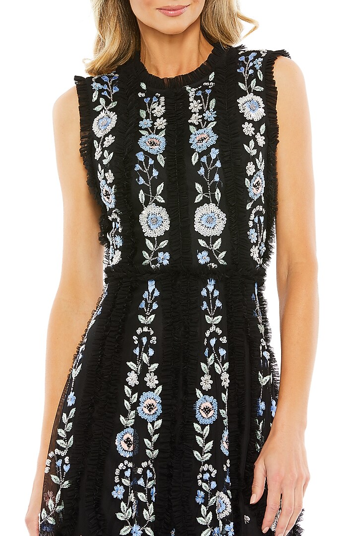 Black Tulle Embroidered Sleeveless Mini Party Wear Dress by Mac Duggal at Pernia's Pop Up Shop