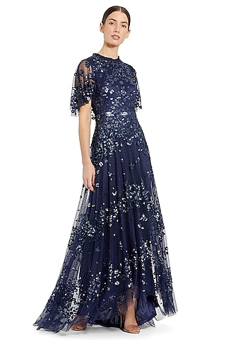 Midnight Blue Tulle Sequins Embellished A-Line Gown by Mac Duggal