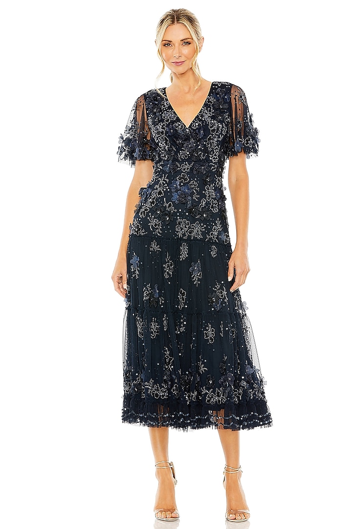 Midnight Blue Mesh Floral Embroidered Midi Tiered Dress by Mac Duggal at Pernia's Pop Up Shop