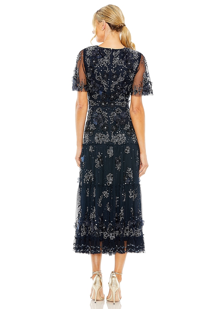Midnight Blue Mesh Floral Embroidered Midi Tiered Party Wear Dress by Mac Duggal at Pernia's Pop Up Shop