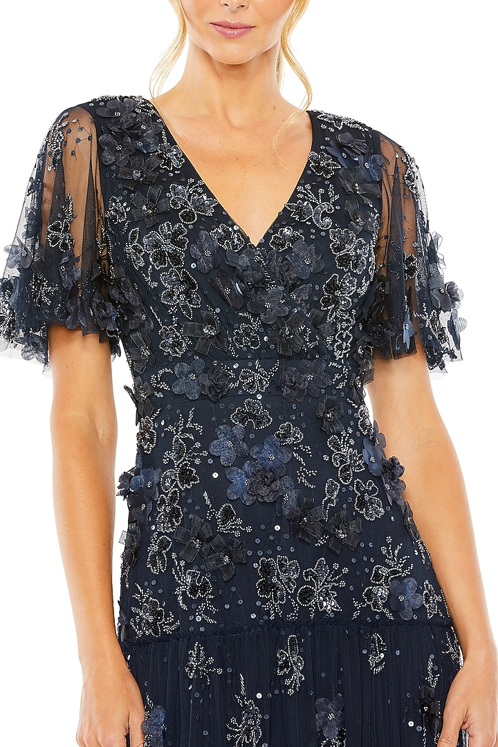 Midnight Blue Mesh Floral Embroidered Midi Tiered Party Wear Dress by Mac Duggal at Pernia's Pop Up Shop