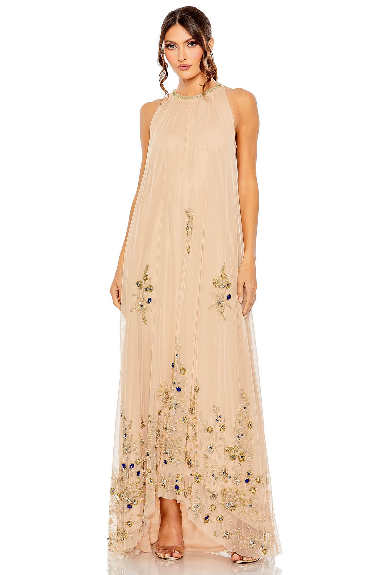 Nude Gold Mesh Floral Embellished Trapeze Gown by Mac Duggal