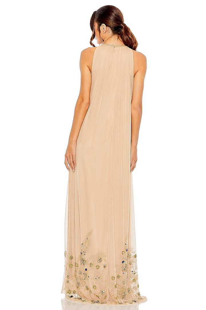 Nude Gold Mesh Floral Embellished Trapeze Engagement Gown by Mac Duggal at Pernia's Pop Up Shop