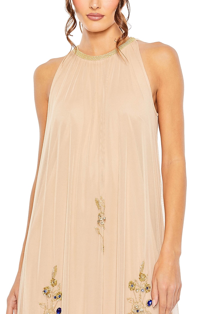 Nude Gold Mesh Floral Embellished Trapeze Engagement Gown by Mac Duggal at Pernia's Pop Up Shop