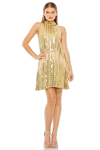 Nude Gold Mesh Sequins Embellished Swing Mini Dress by Mac Duggal