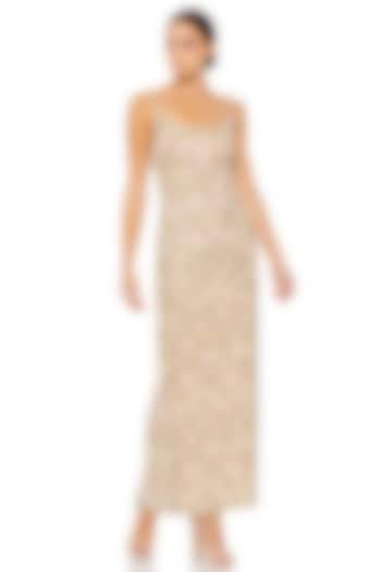 Nude Mesh Floral & Beads Embellished Midi Dress by Mac Duggal at Pernia's Pop Up Shop