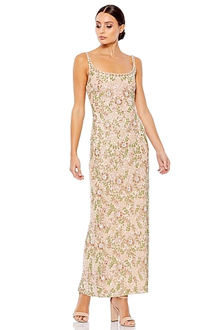 Nude Mesh Floral & Beads Embellished Midi Dress by Mac Duggal