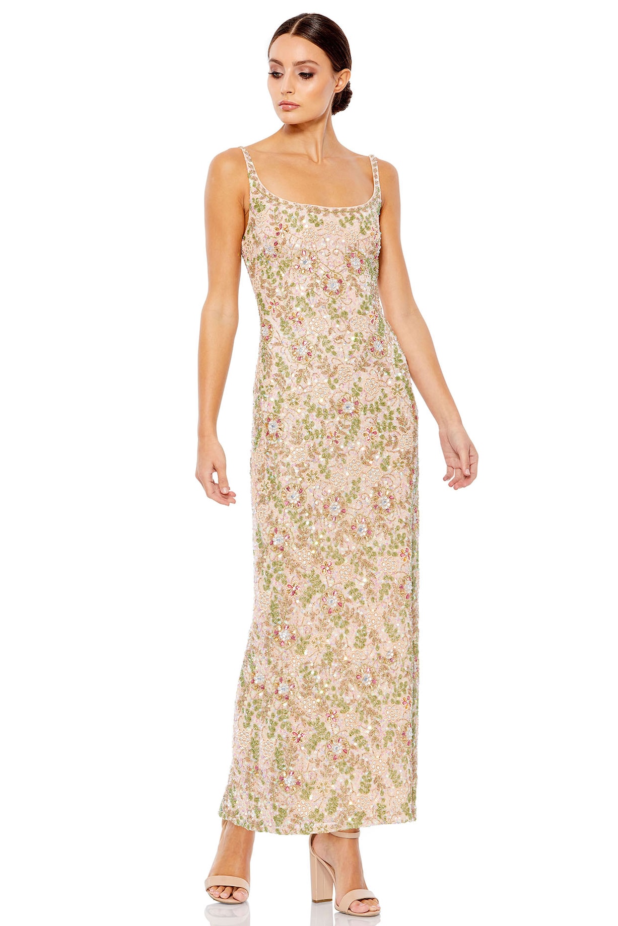 Nude Mesh Floral & Beads Embellished Midi Dress by Mac Duggal at Pernia's  Pop Up Shop 2026