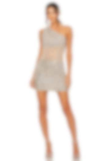 Nude Mesh Beads Hand Embellished One-Shoulder Mini Dress by Mac Duggal at Pernia's Pop Up Shop