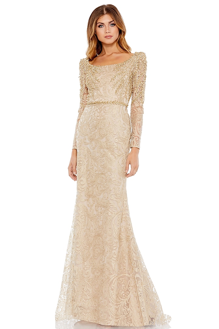 Light Gold Embroidered Fabric Applique Trumpet Gown by Mac Duggal at Pernia's Pop Up Shop