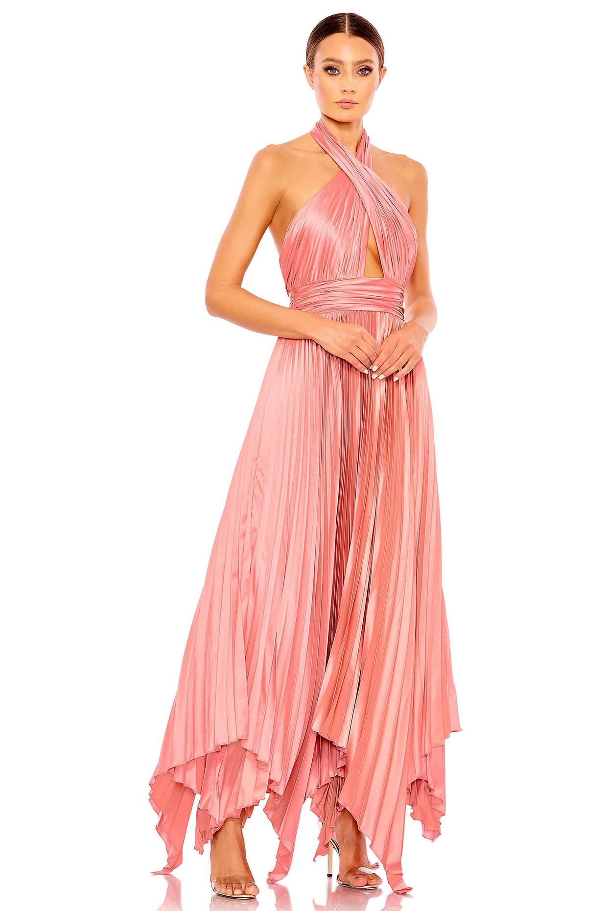 パーティードレス MAC DUGGAL Satin Ruffled Asymmetrical Gown Mac Duggal Satin Deep V-Neck Long Balloon Sleeve Cut-Out