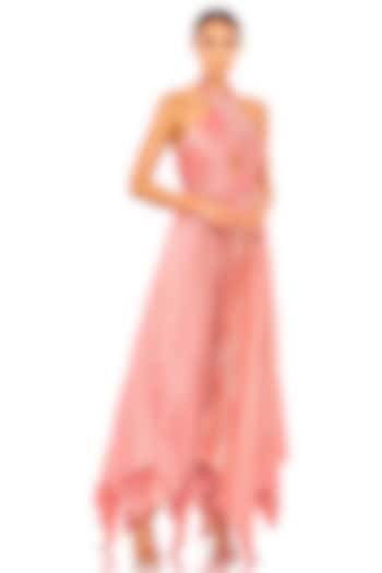 Rose Pink Satin Asymmetrical Pleated Halter Gown by Mac Duggal at Pernia's Pop Up Shop