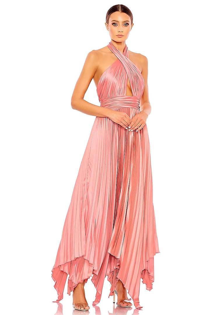 Rose Pink Satin Asymmetrical Pleated Halter Gown by Mac Duggal at Pernia's Pop Up Shop