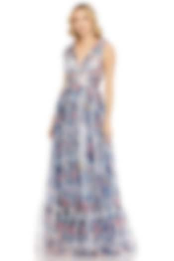 Blue Mesh Floral Printed Ruched Gown by Mac Duggal at Pernia's Pop Up Shop