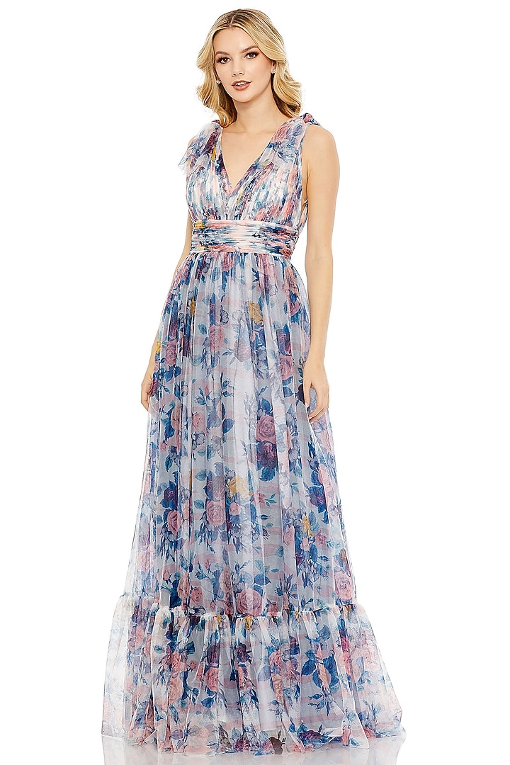 Blue Mesh Floral Printed Ruched Gown by Mac Duggal at Pernia's Pop Up Shop