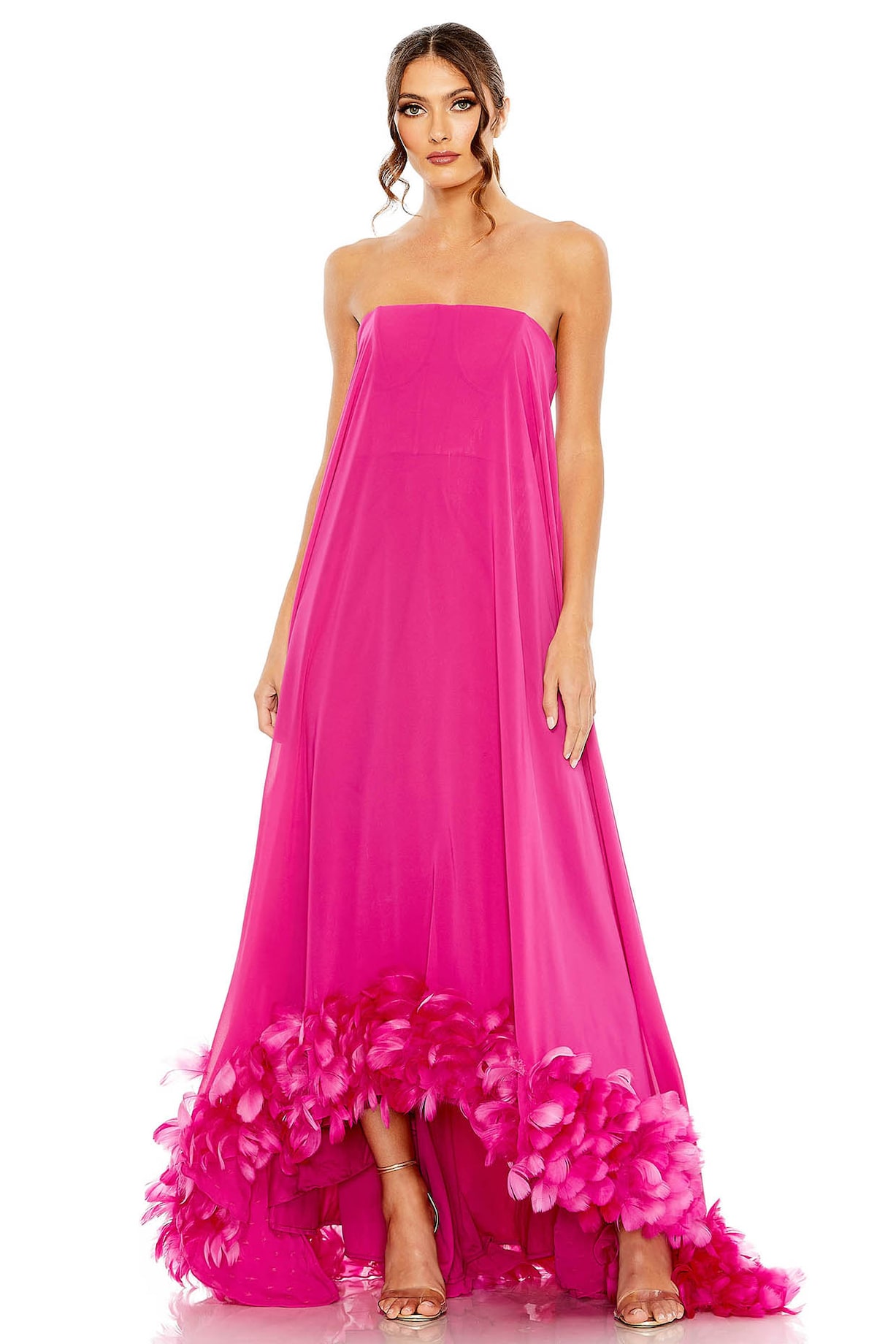 chinese dress ladies Pink Strapless Floral Chiffon Gown with Ruched Detail