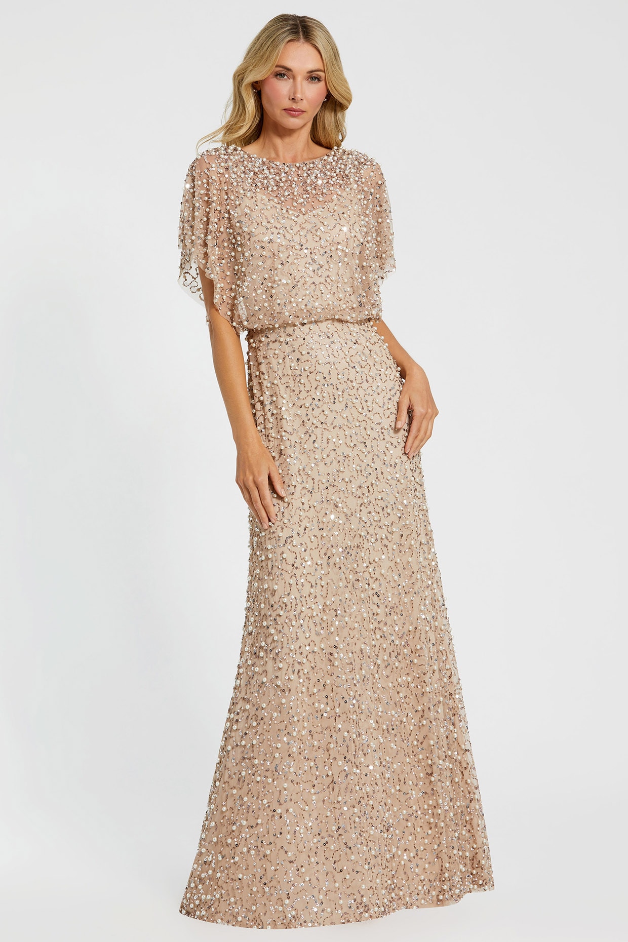 Nude Gold Mesh Beads Embellished Gown by Mac Duggal at Pernia s Pop Up Shop 2024