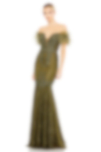Olive Green Lace Feather & Crystal Embellished Gown by Mac Duggal