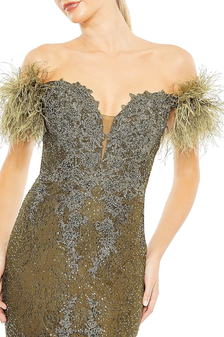 Olive Green Lace Feather & Crystal Embellished Wedding Gown by Mac Duggal  at Pernia's Pop Up Shop 2026