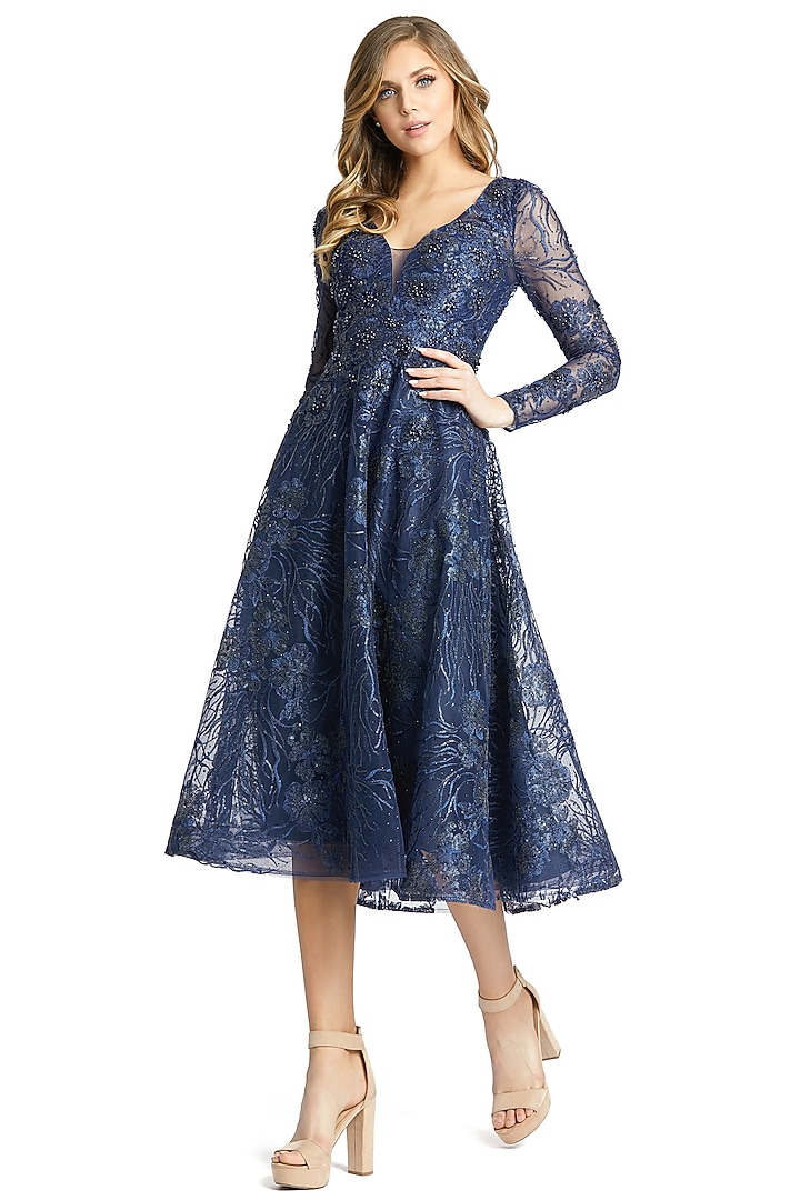 Midnight Blue Embroidered Fabric Midi Party Wear Dress by Mac Duggal at Pernia's Pop Up Shop