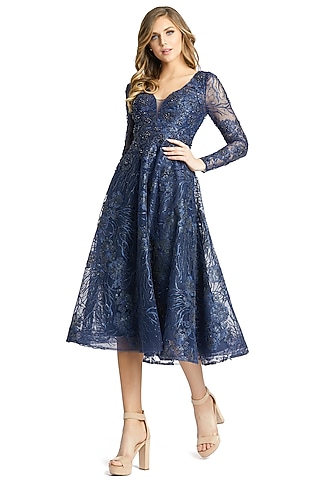 Midnight Blue Embroidered Fabric Midi Dress by Mac Duggal