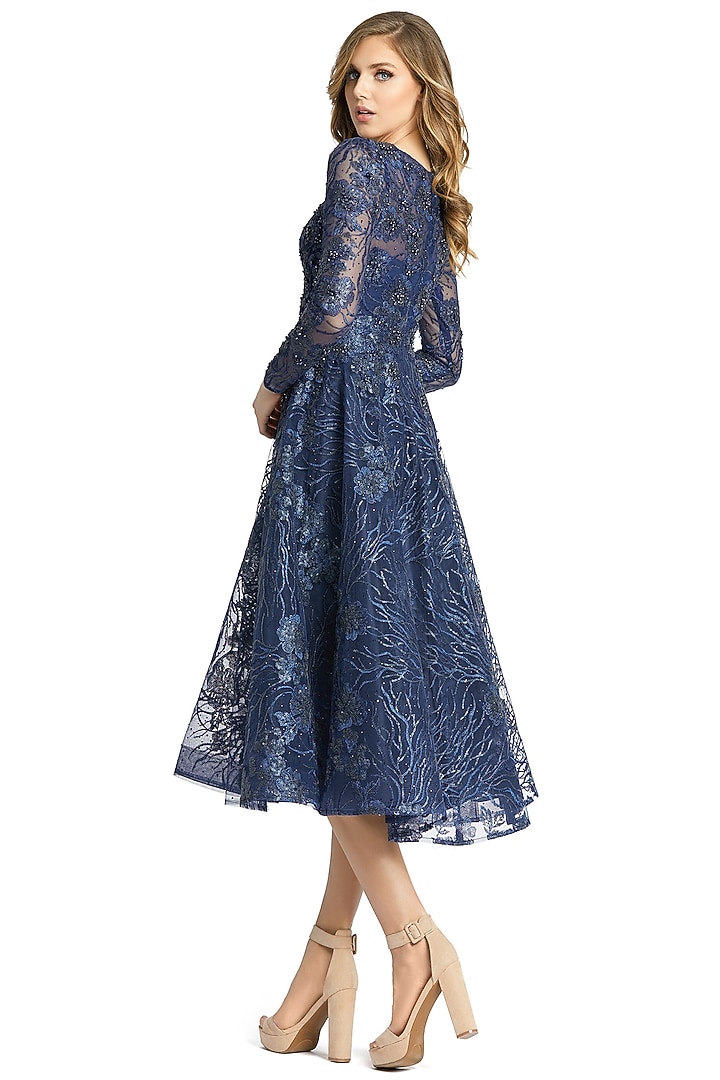 Midnight Blue Embroidered Fabric Midi Party Wear Dress by Mac Duggal at Pernia's Pop Up Shop