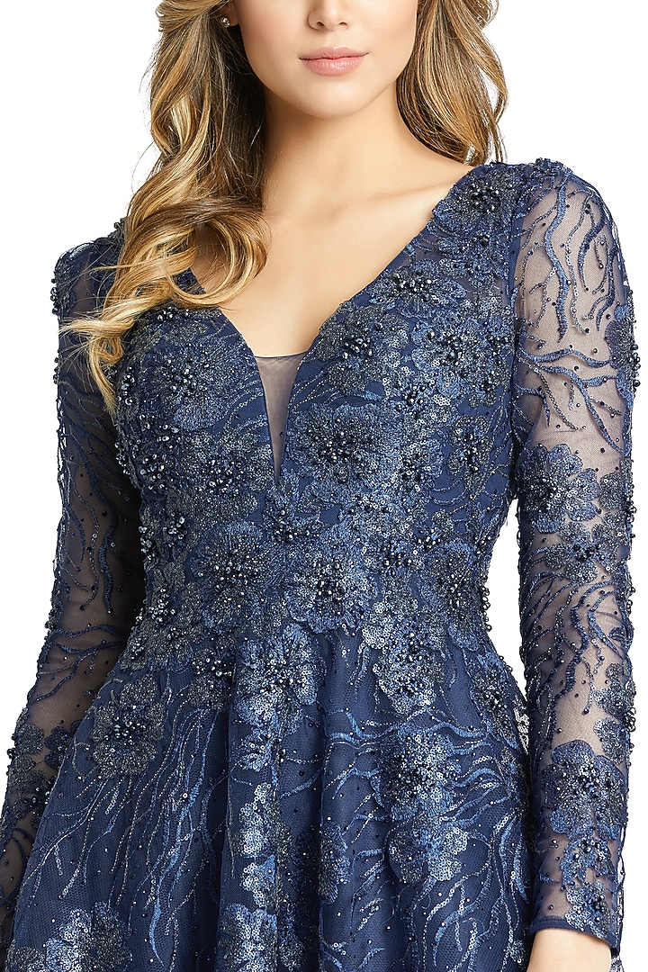 Midnight Blue Embroidered Fabric Midi Party Wear Dress by Mac Duggal at Pernia's Pop Up Shop