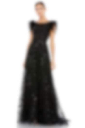 Black Embroidered Fabric Bateau A-Line Gown by Mac Duggal at Pernia's Pop Up Shop