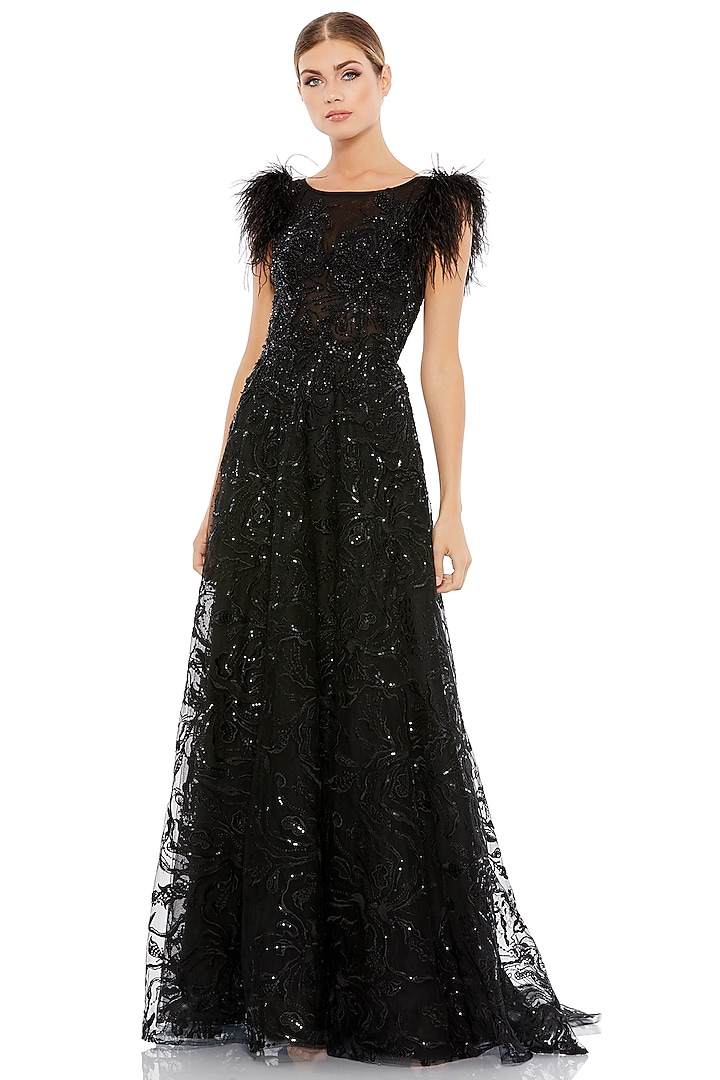 Black Embroidered Fabric Bateau A-Line Gown by Mac Duggal at Pernia's Pop Up Shop